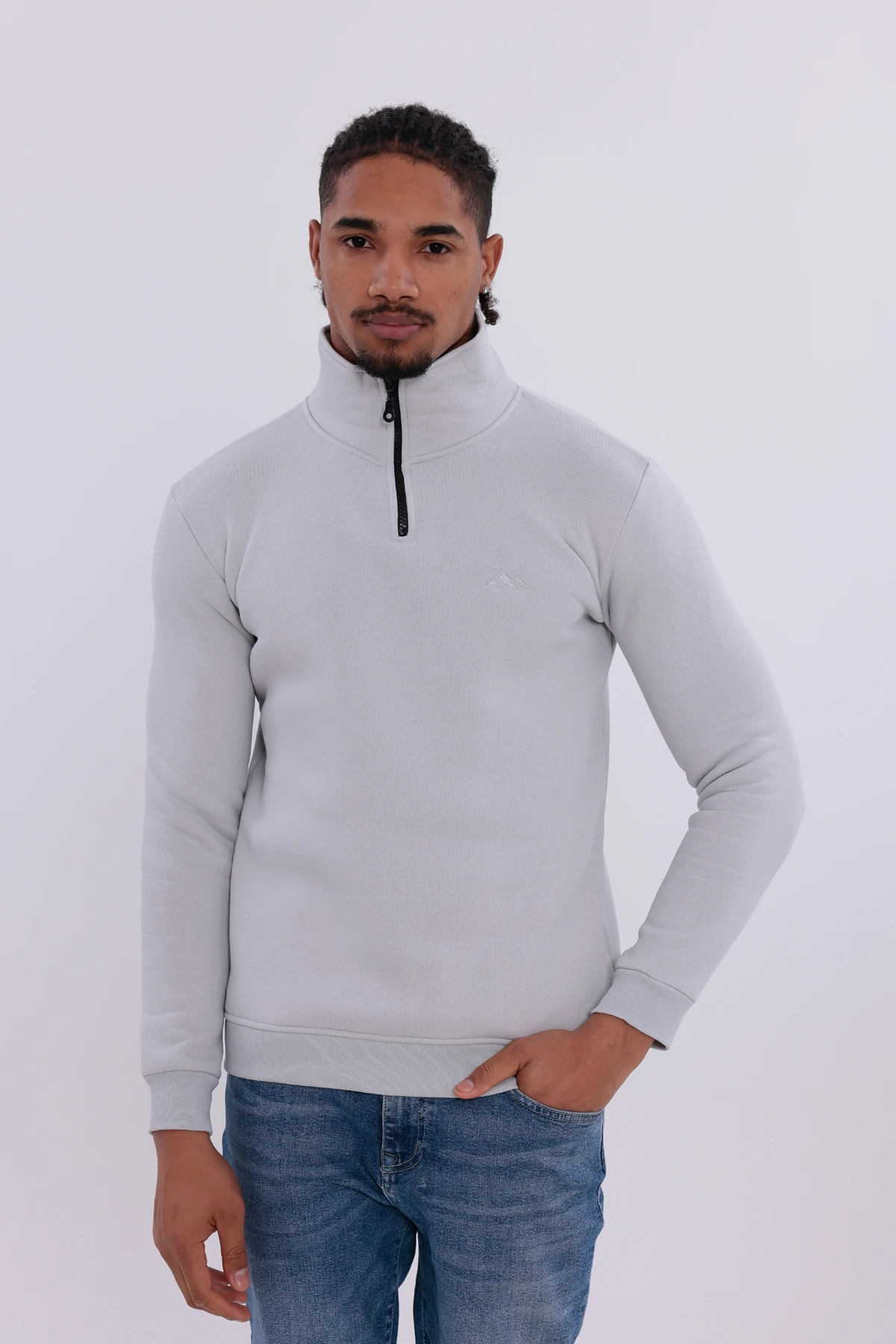 Sıfır4 Yarım Fermuarlı 3 iplik şardonlu  Sweatshirt Buz Gri