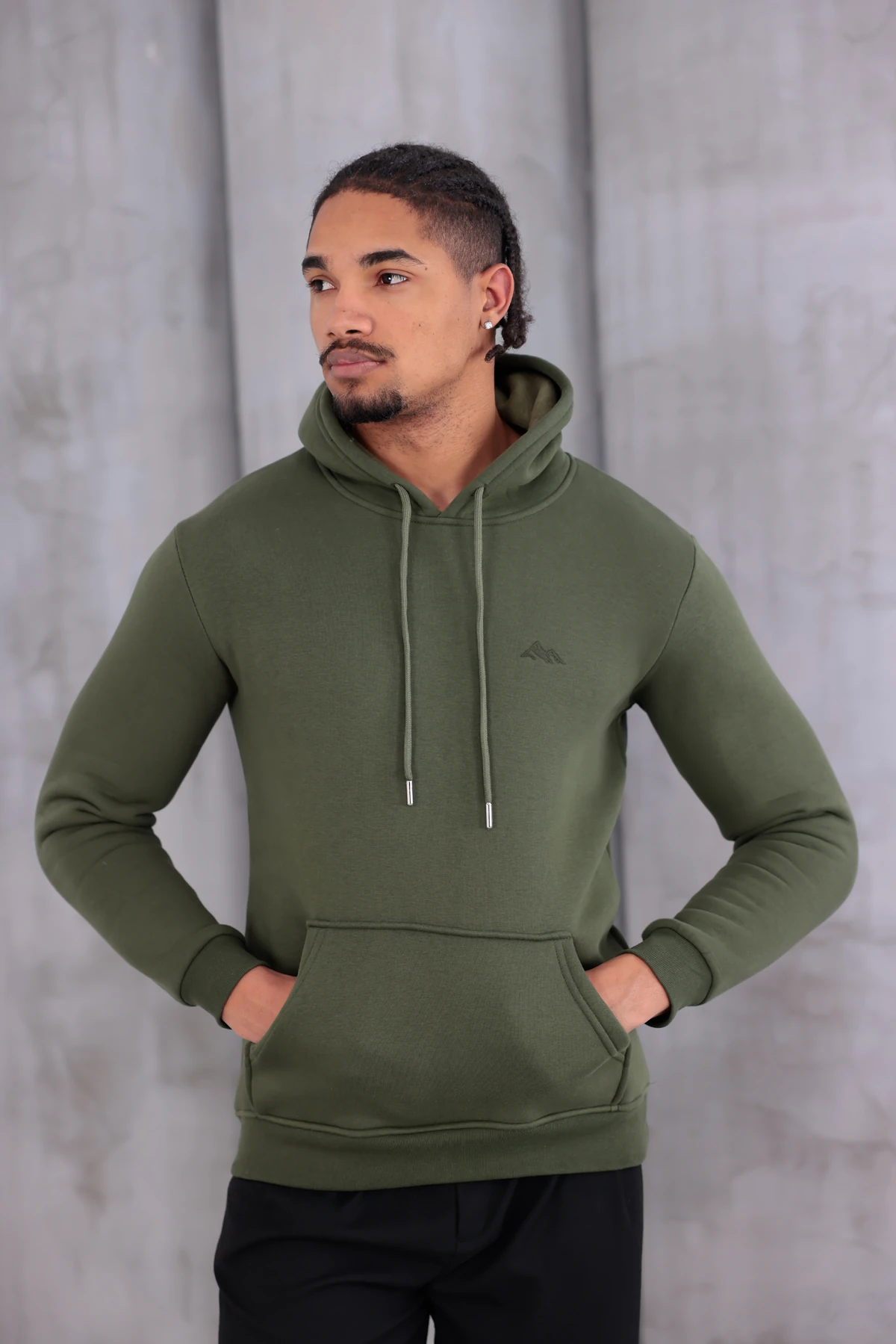 SIFIR4 3 İplik Şardonlu Kapüşonlu Sweatshirt Haki Yeşili